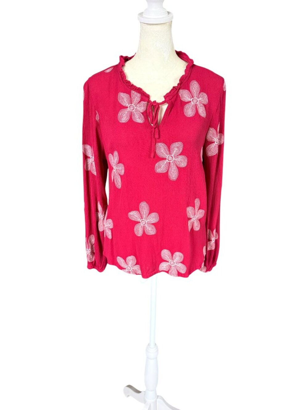 Maurices pink floral embroidered long sleeve keyhole ruffled neckline top M